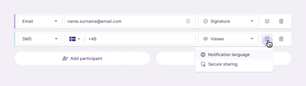 Participant options on Dokobit portal